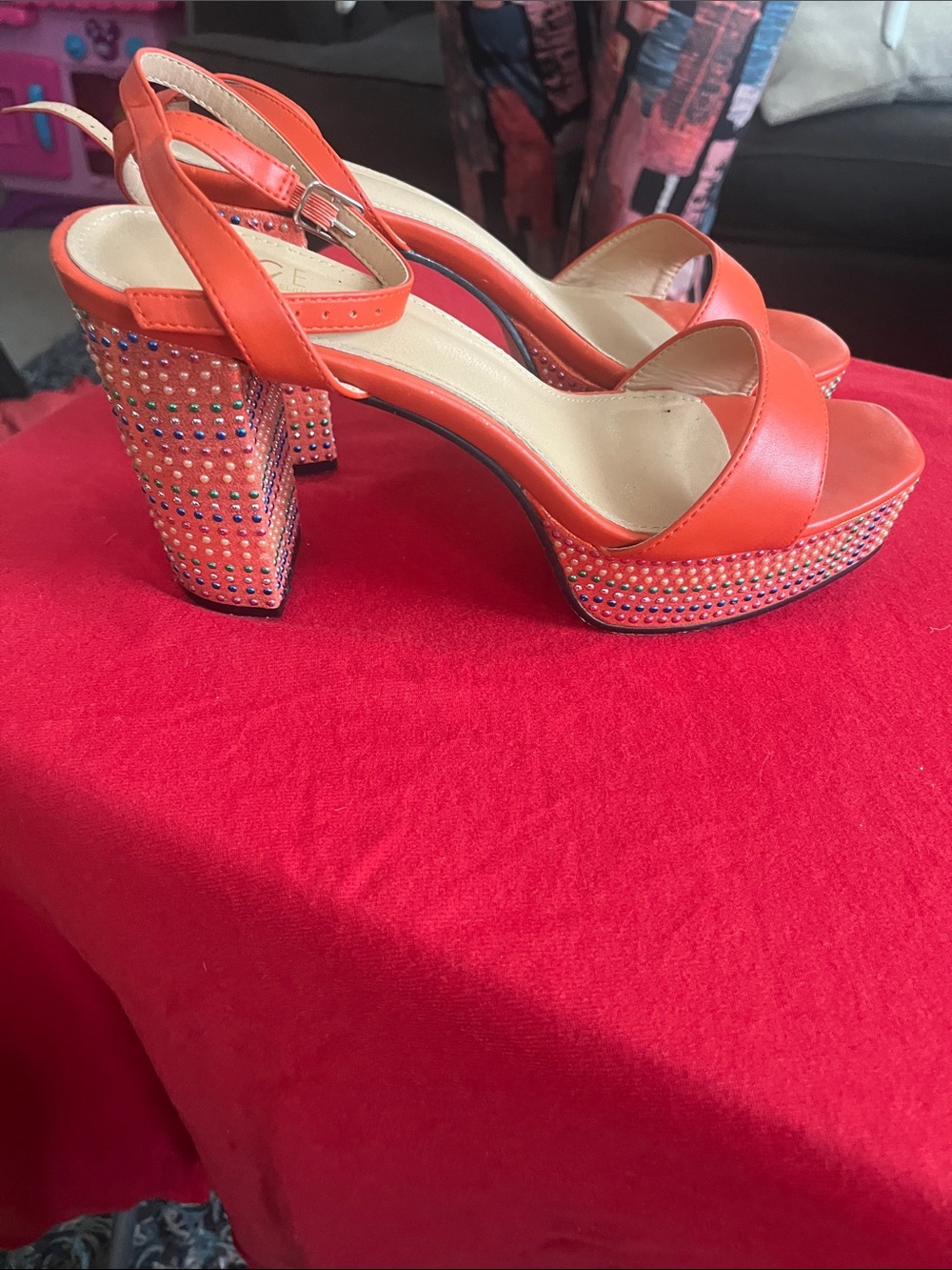 Rouge Helium Coral-Orange Rhinestone Platform Slingbacks